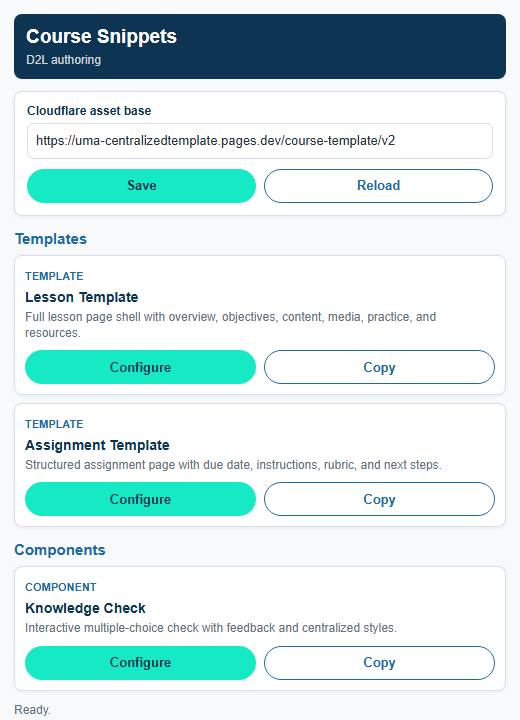 Preview of the Course Snippets browser extension showing template and component options for D2L authoring.